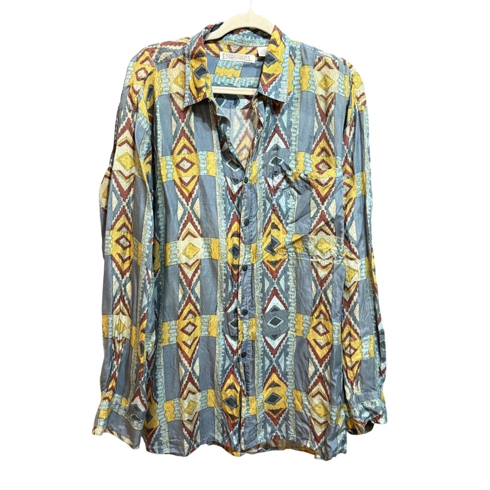 Vintage Silk Indie Grunge Hipster Geometric Tribal Print Button Down Shirt Sz L